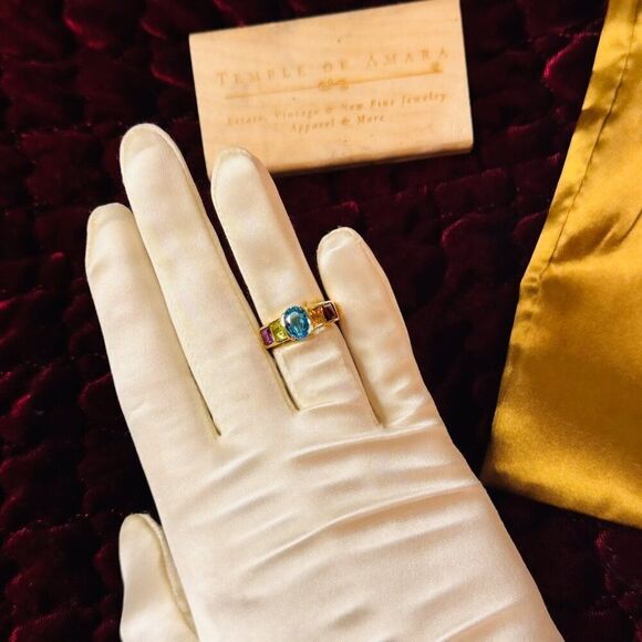 VINTAGE- 10K Gold -Multi Gemstone Ring -Sz 5 Rainbow Ring -Topaz Garnet Amethyst - Picture 7 of 16